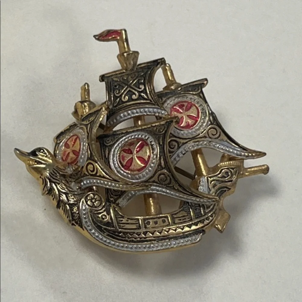 vintage Spanish Damascene ship brooch